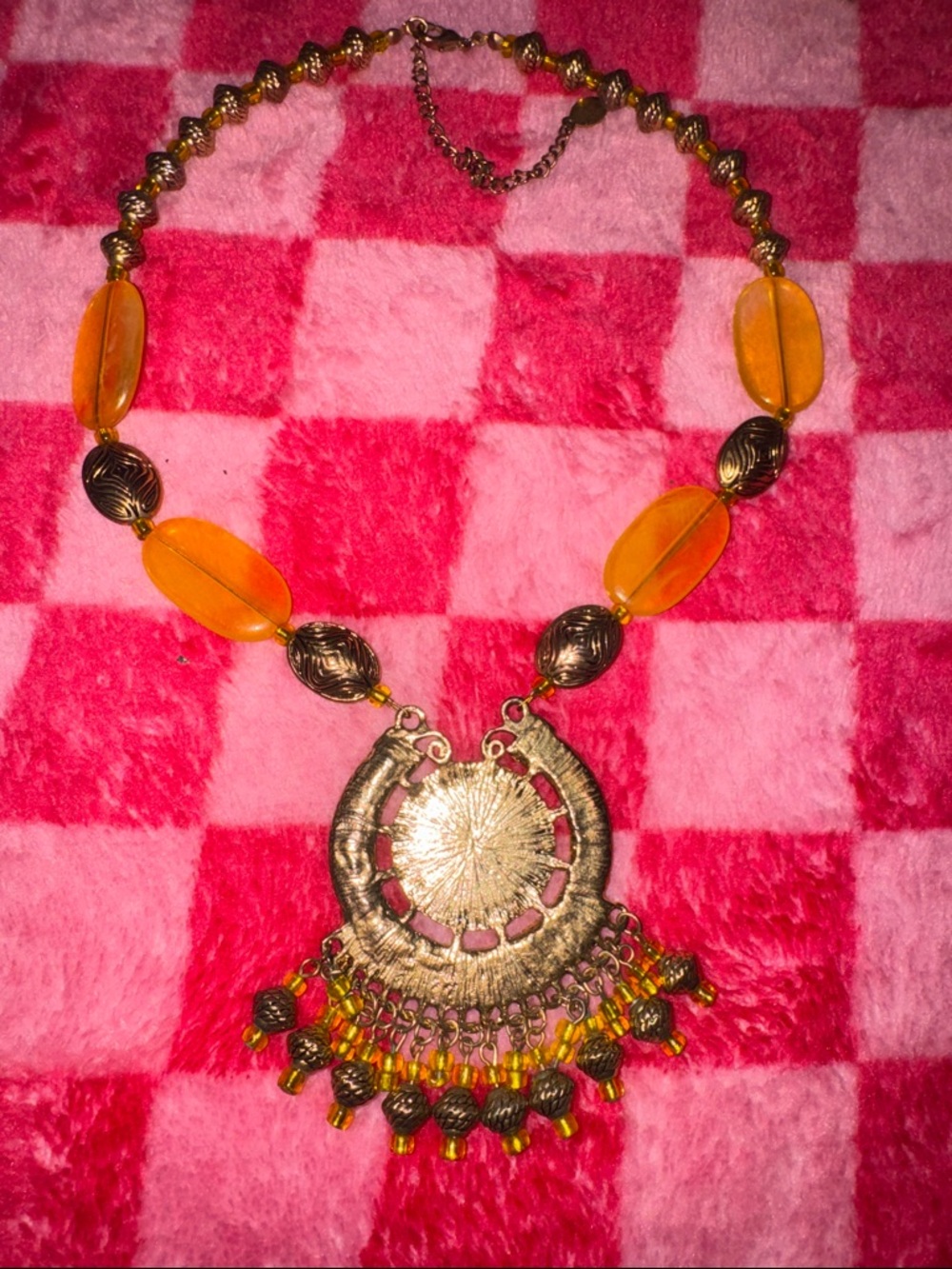 Bohemian Orange Pendant Statement Necklace and Earrings - Picture 4 of 6